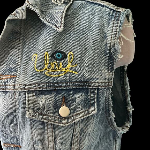 NWOT RARE Unif Embroidered “F*ck U” Denim Oversized Slim Cut Vest Size Medium - Picture 2 of 12